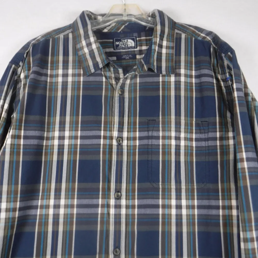 The North Face Mens XXL Blue Plaid Cotton Long Sleeve Button Down Shirt